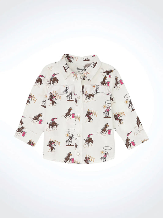 Children's western button-up shirt with cowboy rodeo print, long sleeves, pearl snaps