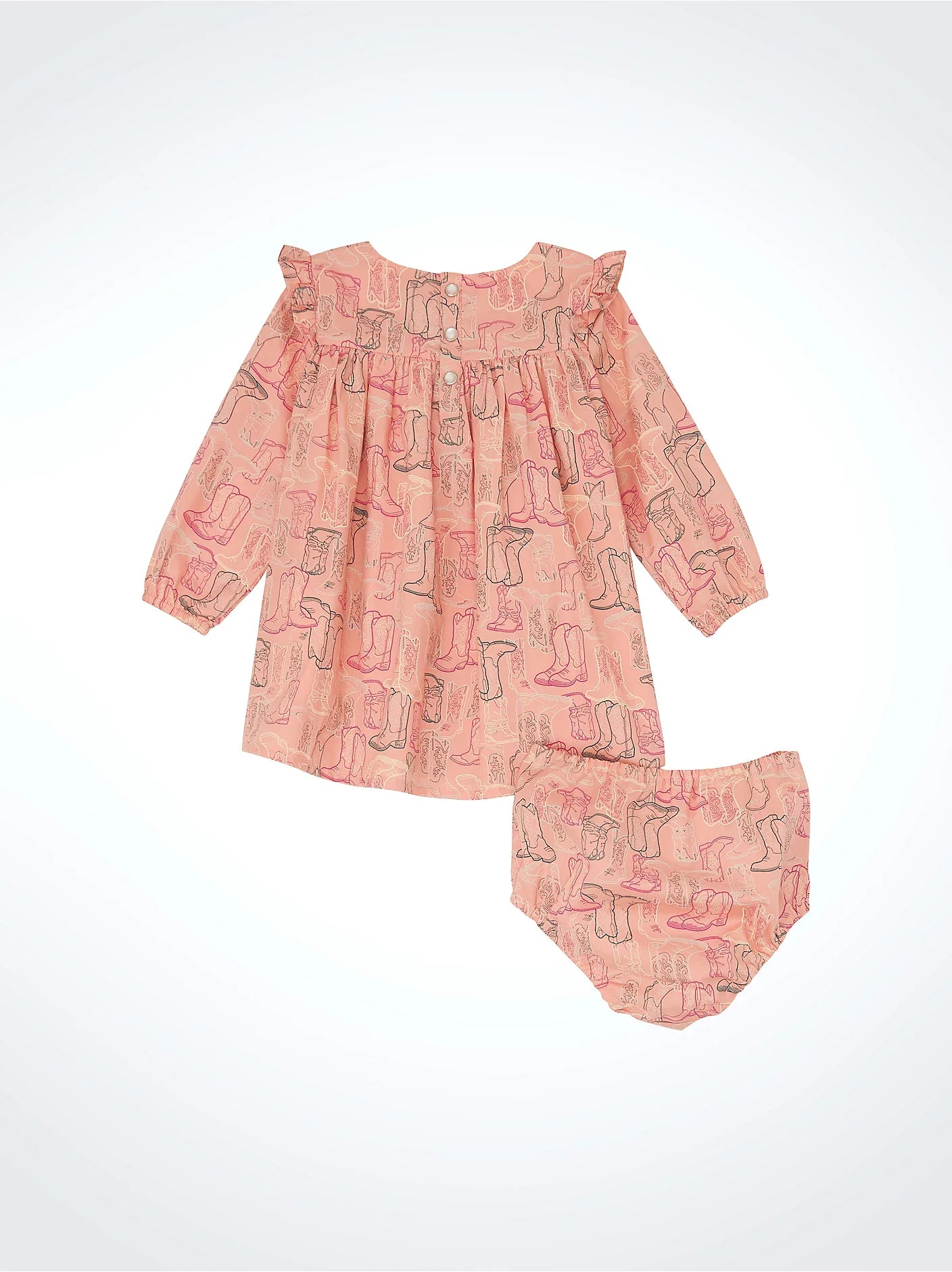 Pink baby dress and diaper cover set with cowboy boots print, long sleeves, back buttons