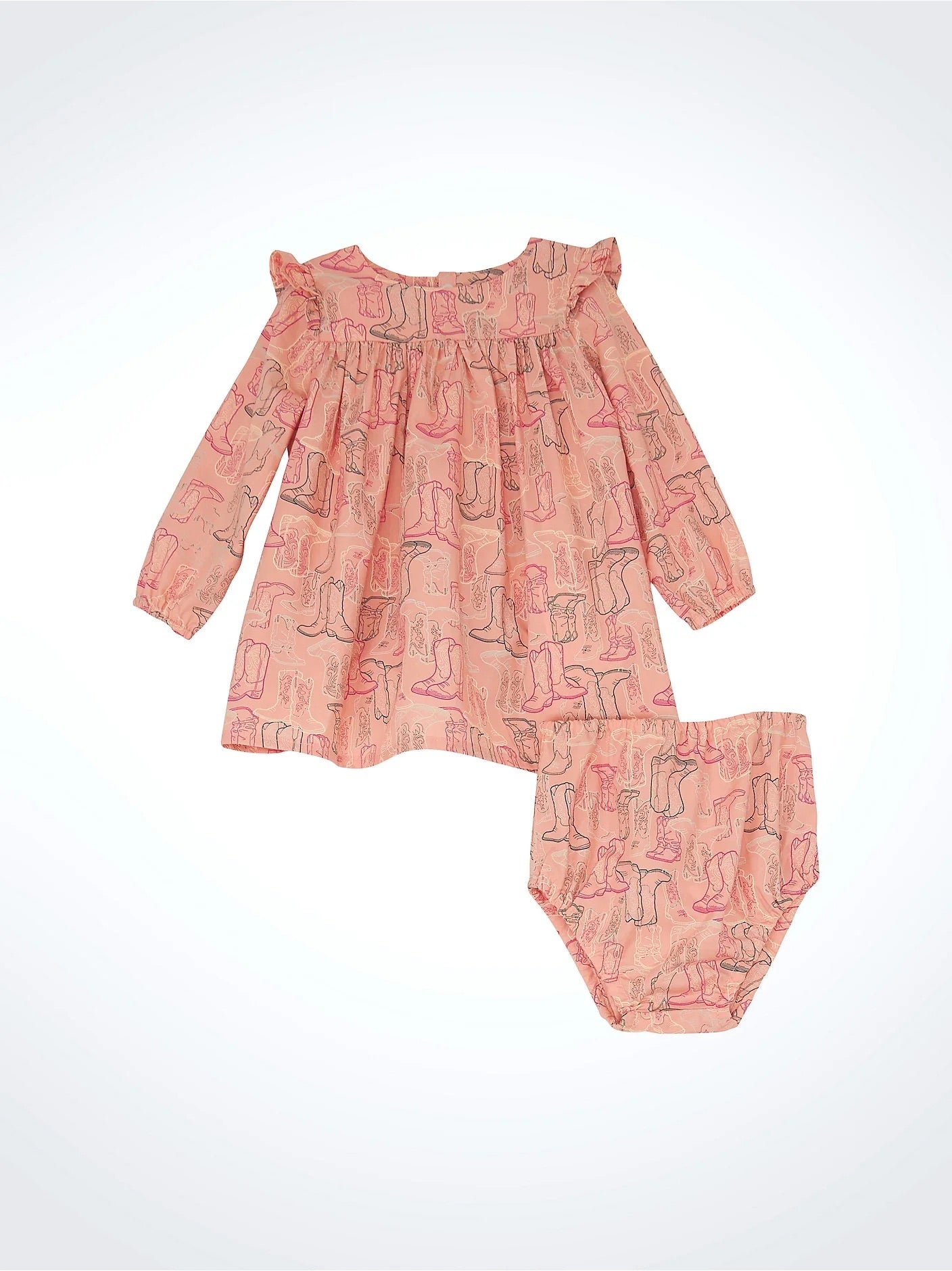 Pink baby dress with cowboy boots print and matching diaper cover, long sleeves, ruffle detail
