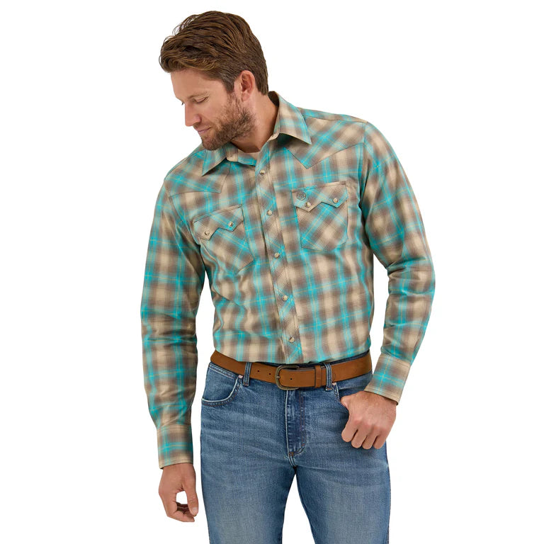 Men's teal and tan plaid long sleeve western shirt with front snap pockets