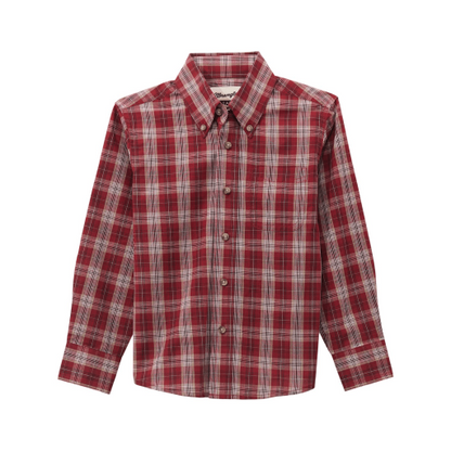 Red plaid button-up long sleeve shirt with collar and pocket, classic casual style
