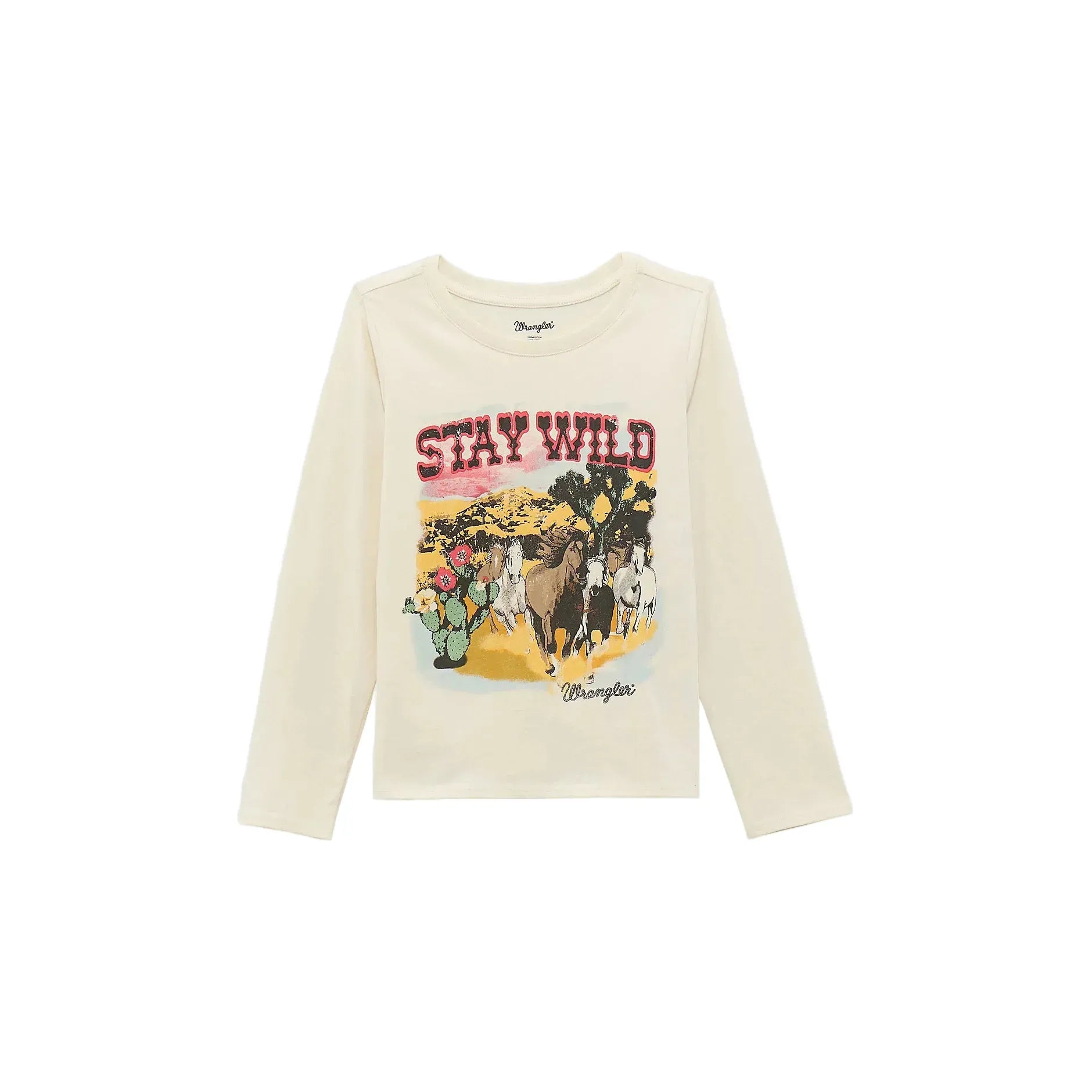 Cream long sleeve kids shirt with 'Stay Wild' text, running horses, desert cactus graphic