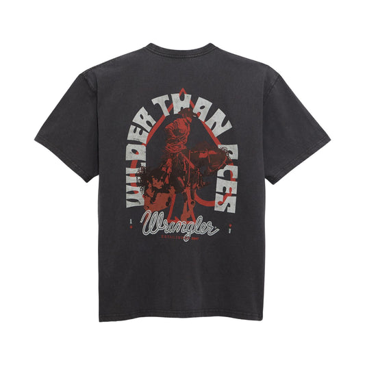 Black graphic t-shirt with cowboy and horse illustration, cowboy themed design on back.