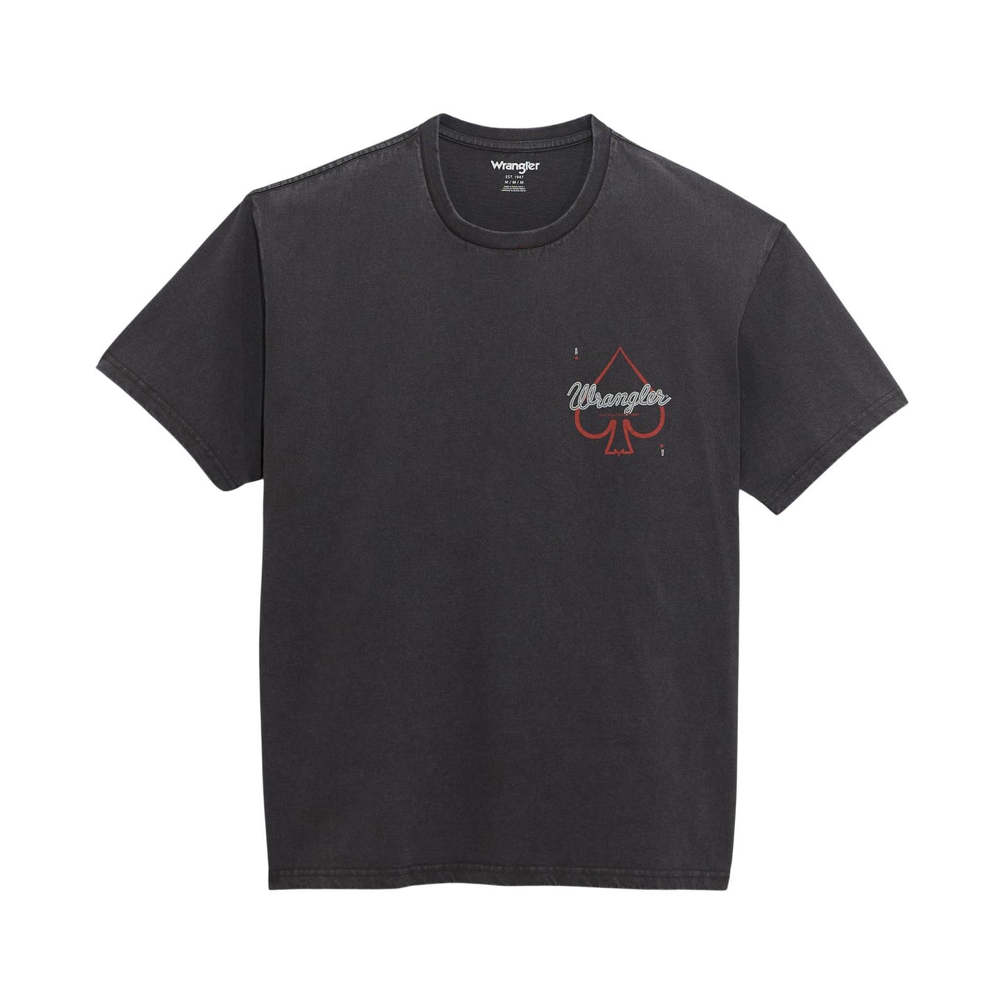 Black short-sleeve t-shirt with red spade graphic and small Wrangler logo on chest