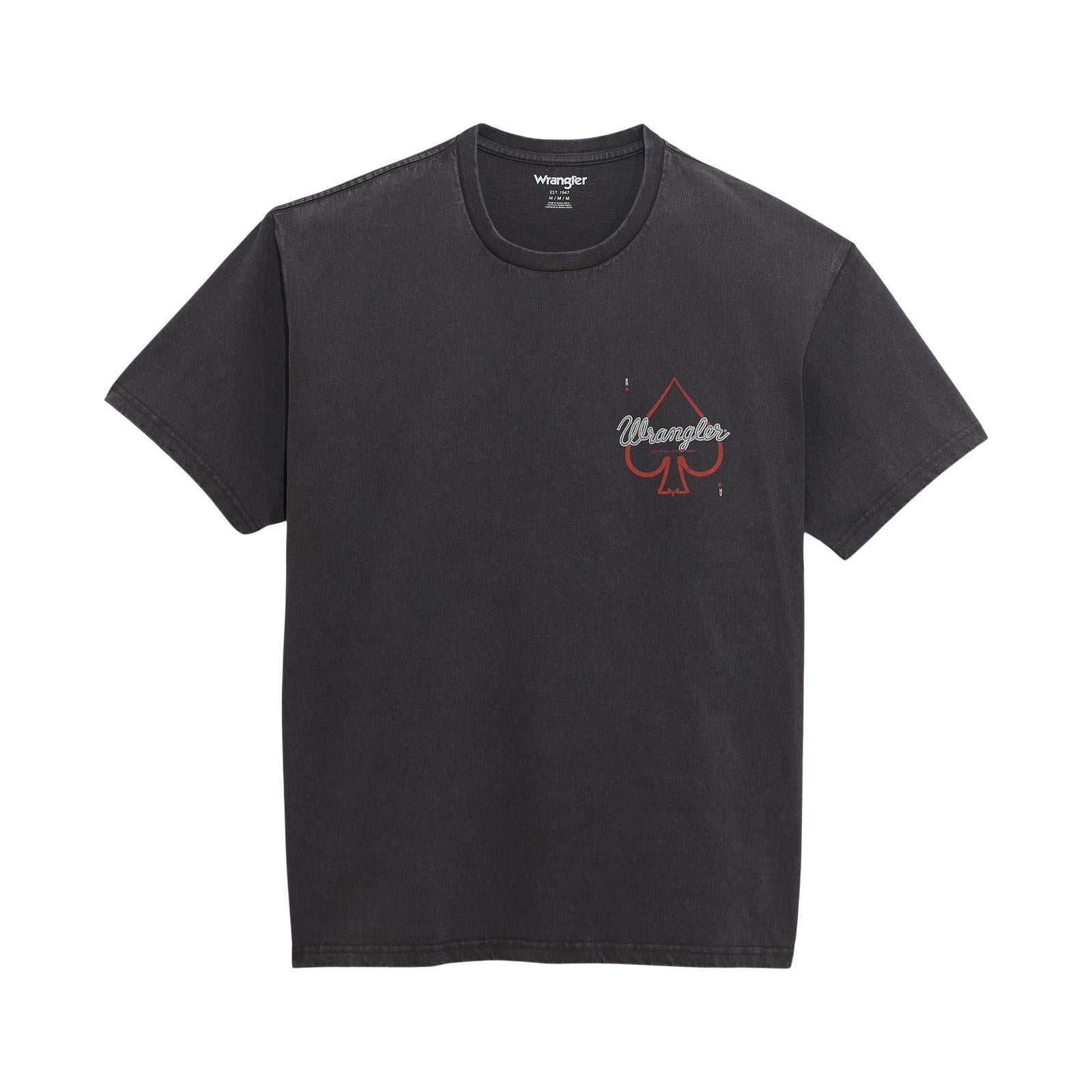 Black short-sleeve t-shirt with red spade graphic and small Wrangler logo on chest