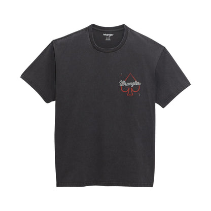 Black short-sleeve t-shirt with red spade graphic and small Wrangler logo on chest