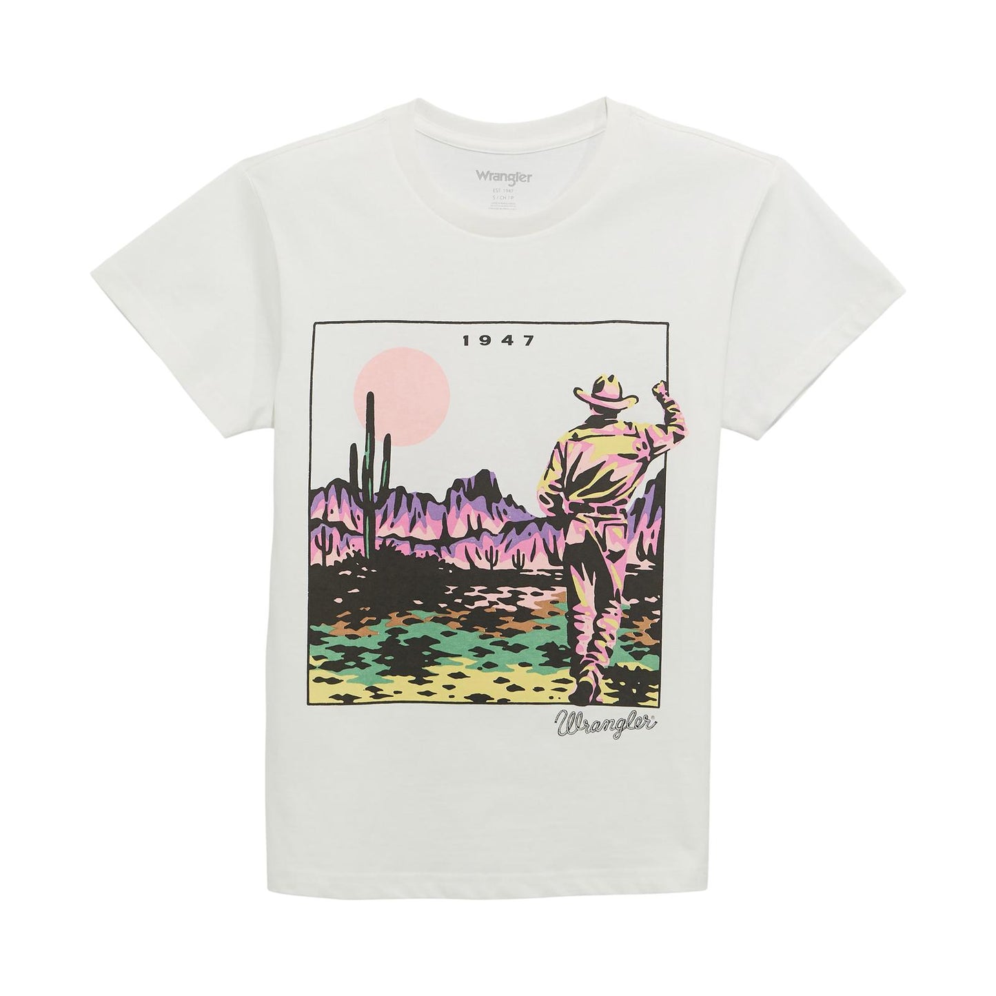 White graphic t-shirt with colorful cowboy desert landscape, cactus, and '1947' text