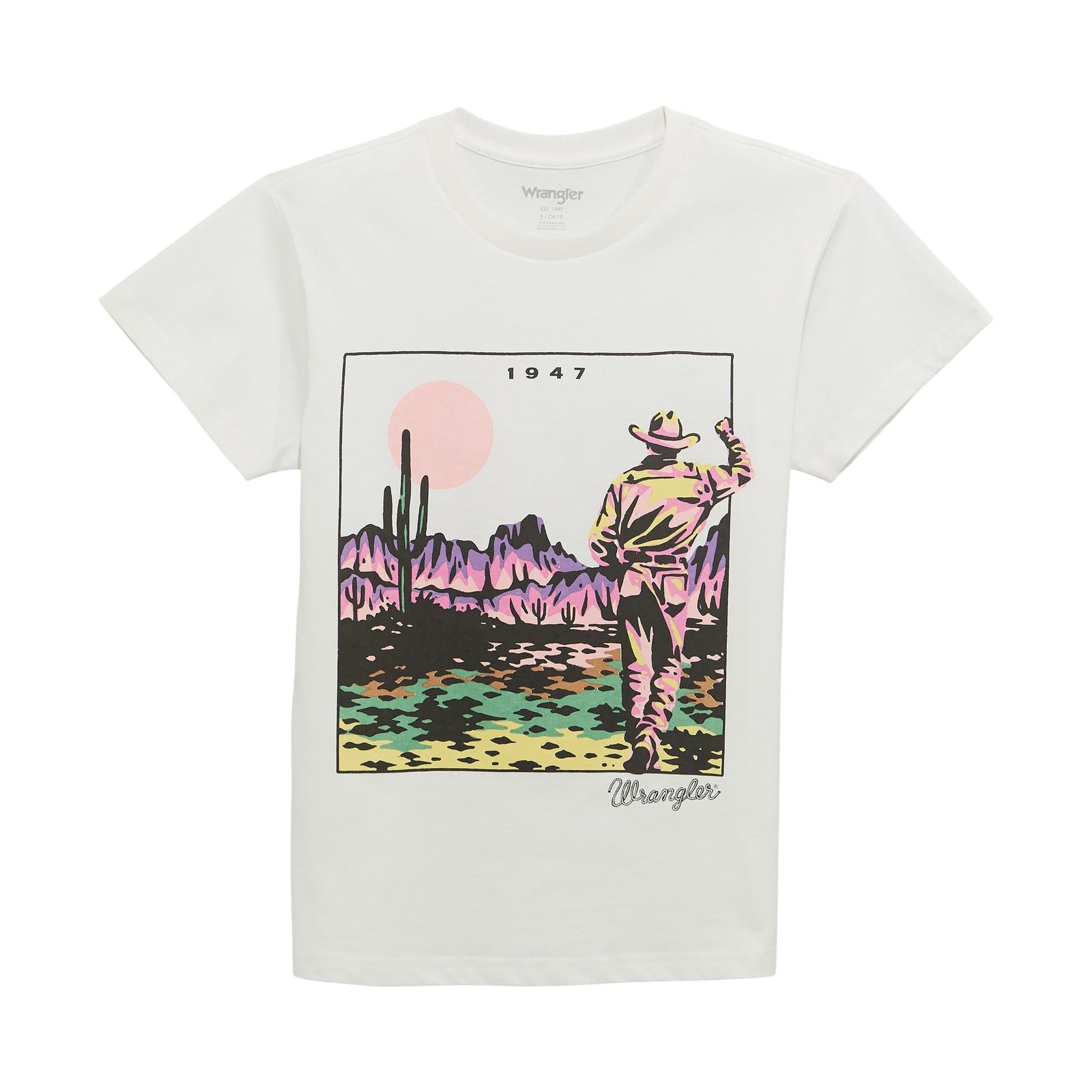 White graphic t-shirt with colorful cowboy desert landscape, cactus, and '1947' text