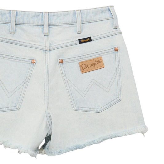 Light blue denim shorts with a Wrangler logo on a white background