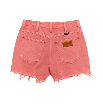 Back view of pink denim cutoff shorts with frayed hems and back pockets