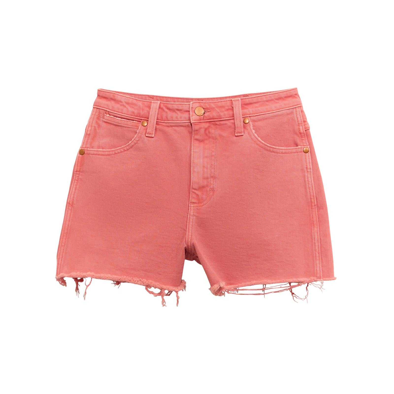 Coral denim shorts with frayed hem and five-pocket design