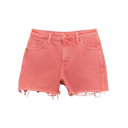 Coral denim shorts with frayed hem and five-pocket design