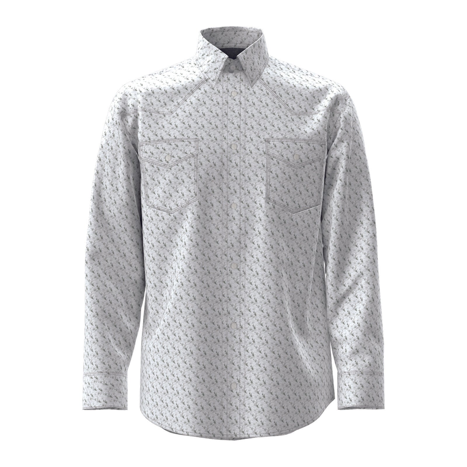 Men's long sleeve button-up shirt, light gray with small geometric print and two chest pockets