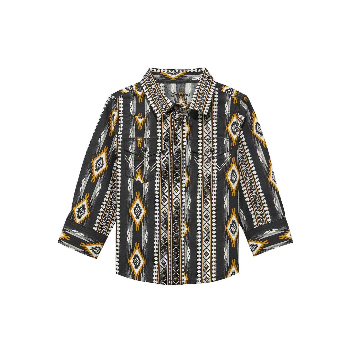 Long sleeve button-up shirt with black, yellow, and white geometric Aztec pattern.