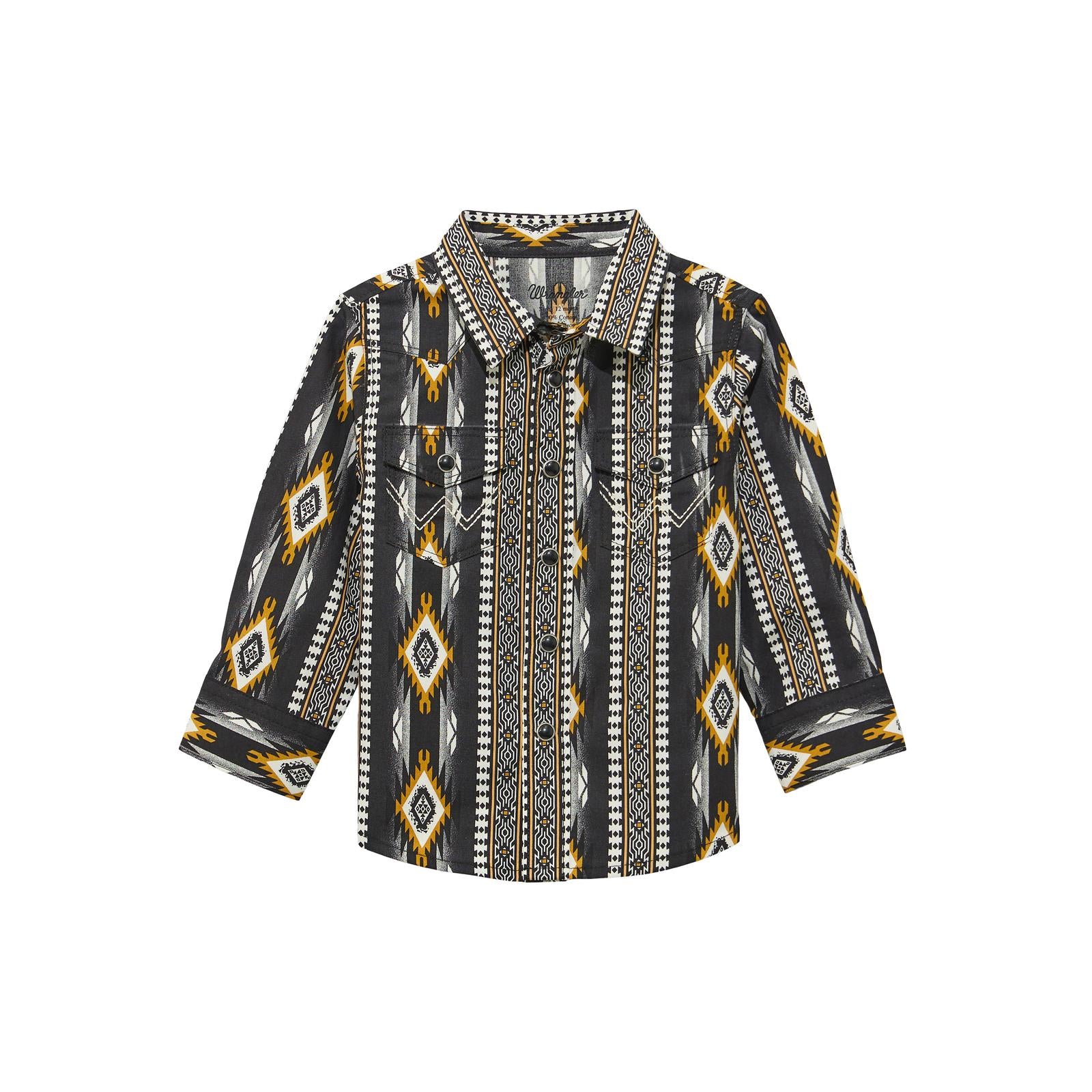 Long sleeve button-up shirt with black, yellow, and white geometric Aztec pattern.