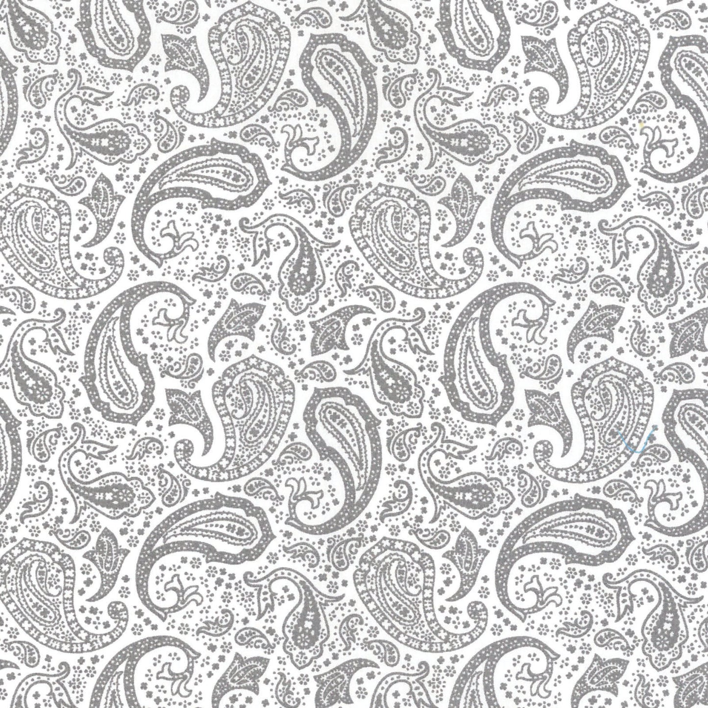 Gray paisley pattern on white fabric background, intricate floral textile design