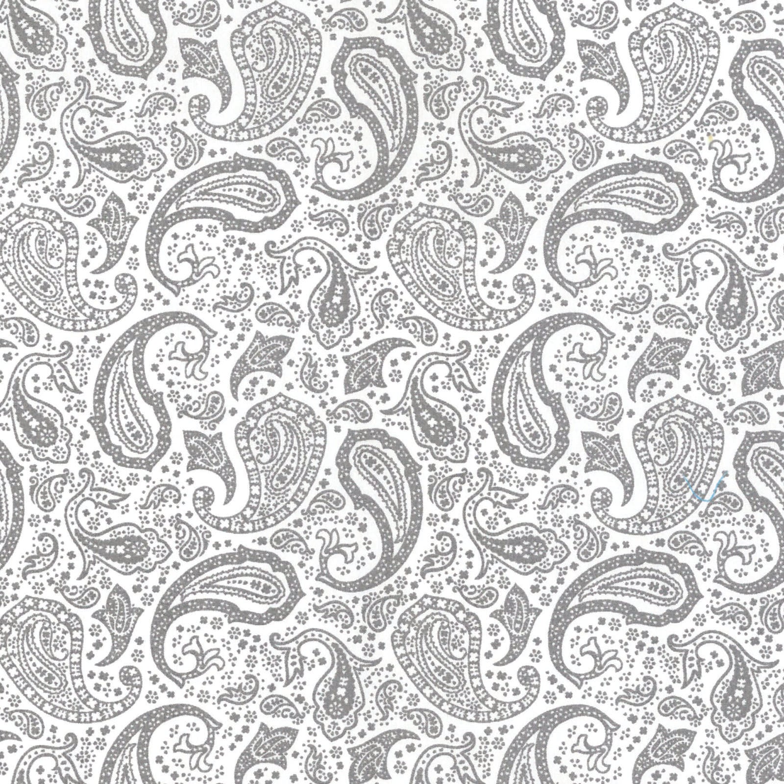 Gray paisley pattern on white fabric background, intricate floral textile design