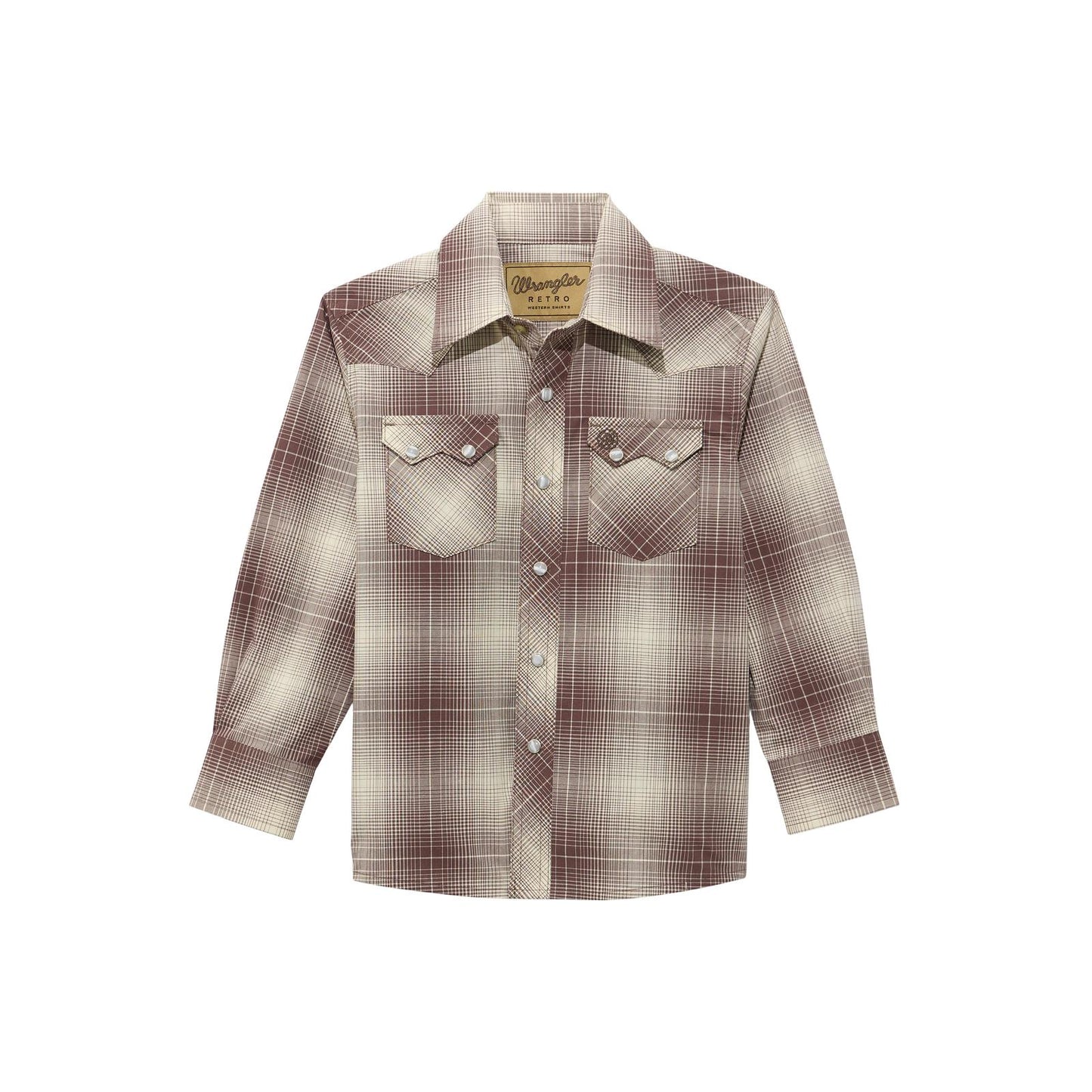 Brown plaid long sleeve western shirt with pointed collar and snap pockets on white background