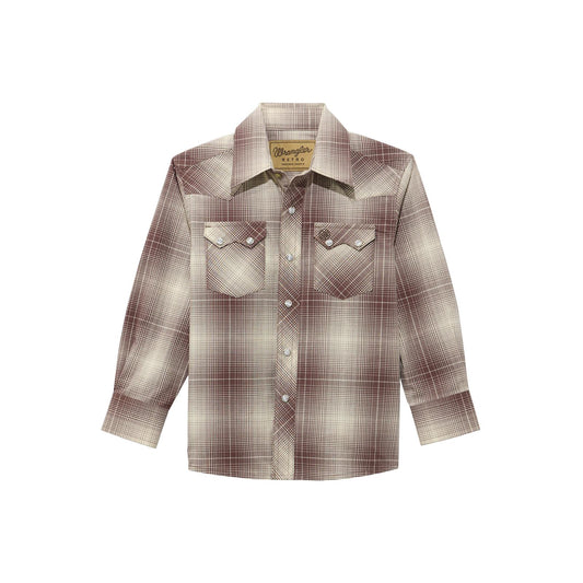 Brown plaid long sleeve western shirt with pointed collar and snap pockets on white background