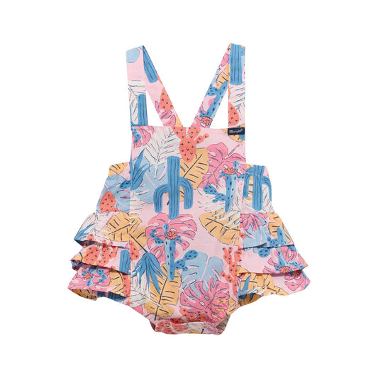 Pink baby romper with colorful tropical leaf and cactus print, ruffled sides, crossback straps