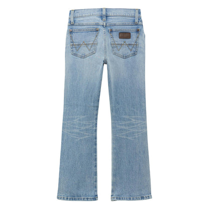 Light blue denim jeans on a white background