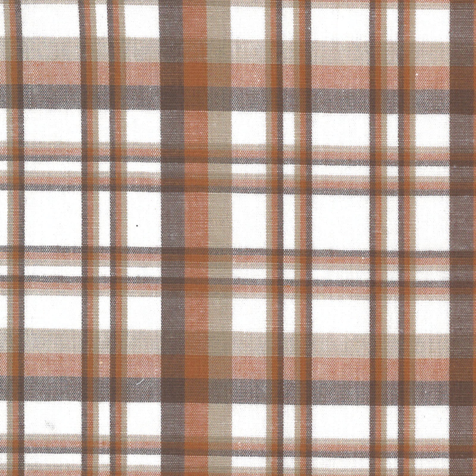 Brown and white plaid fabric pattern with orange and beige stripes