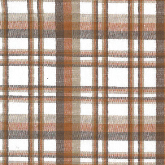 Brown and white plaid fabric pattern with orange and beige stripes