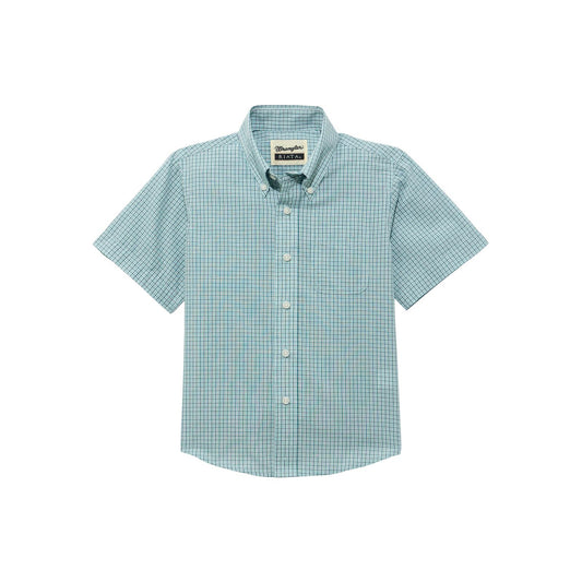 Men's light blue plaid short sleeve button-up shirt with chest pocket
