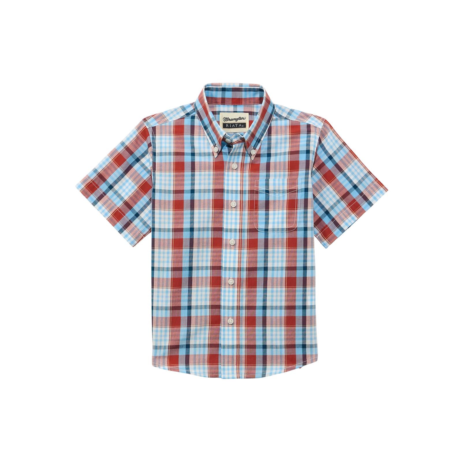 Men's short sleeve plaid button-up shirt in blue, red, and white tones with chest pocket