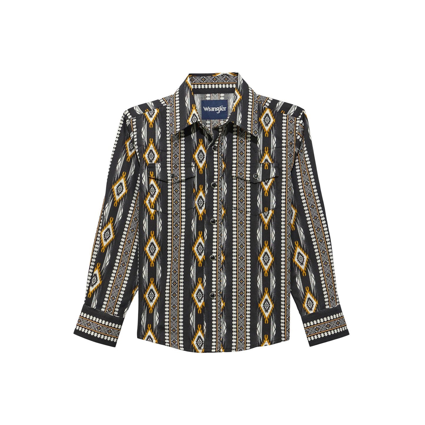 Men's black and yellow Aztec print long sleeve button-up shirt with chest pockets
