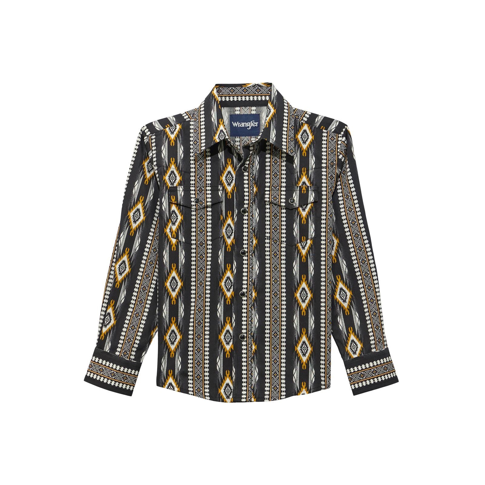 Men's black and yellow Aztec print long sleeve button-up shirt with chest pockets