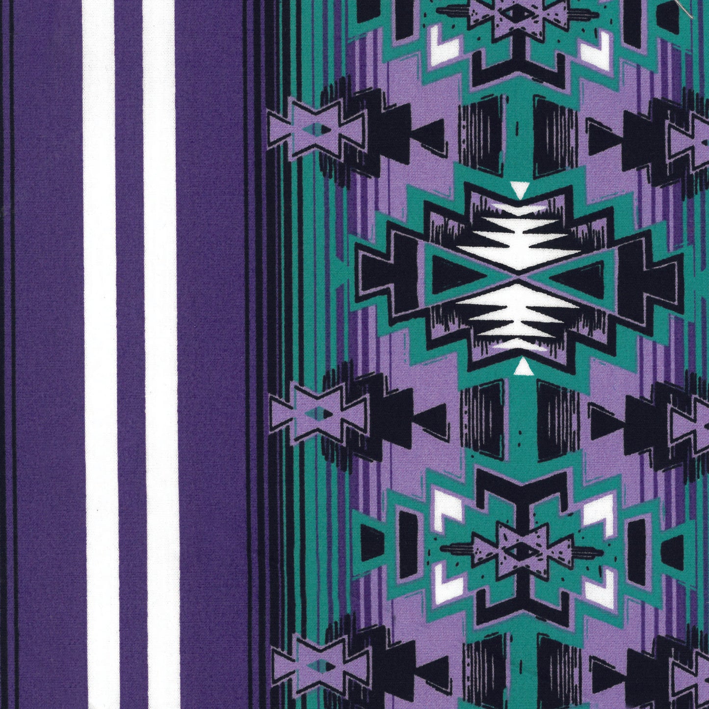 Purple and teal geometric southwestern fabric pattern with white stripes