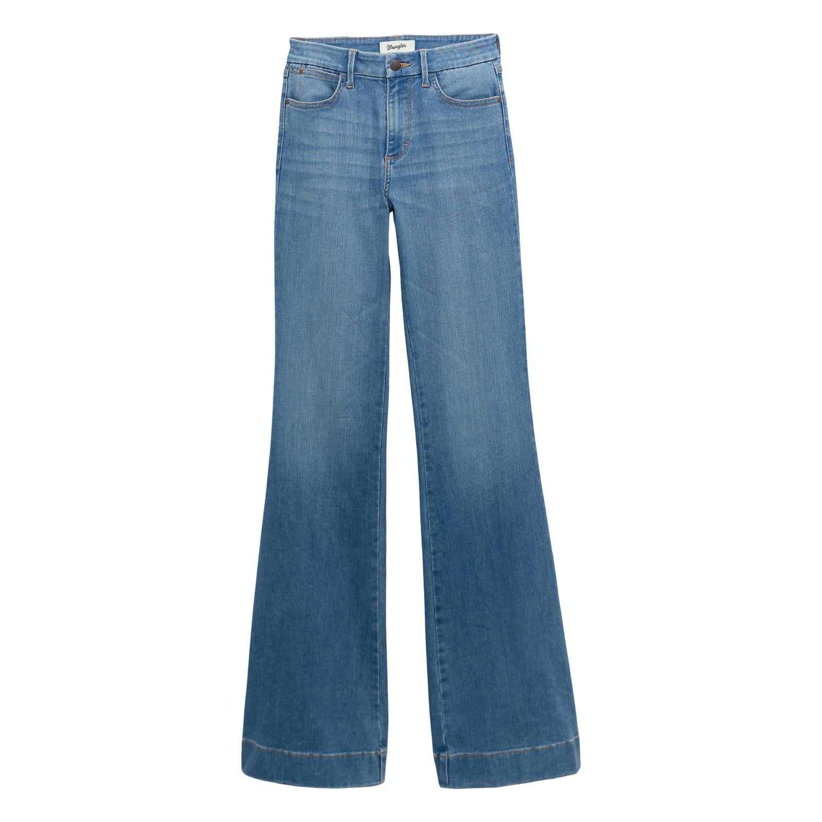 Light blue high-waisted wide leg denim jeans with five pockets and button closure