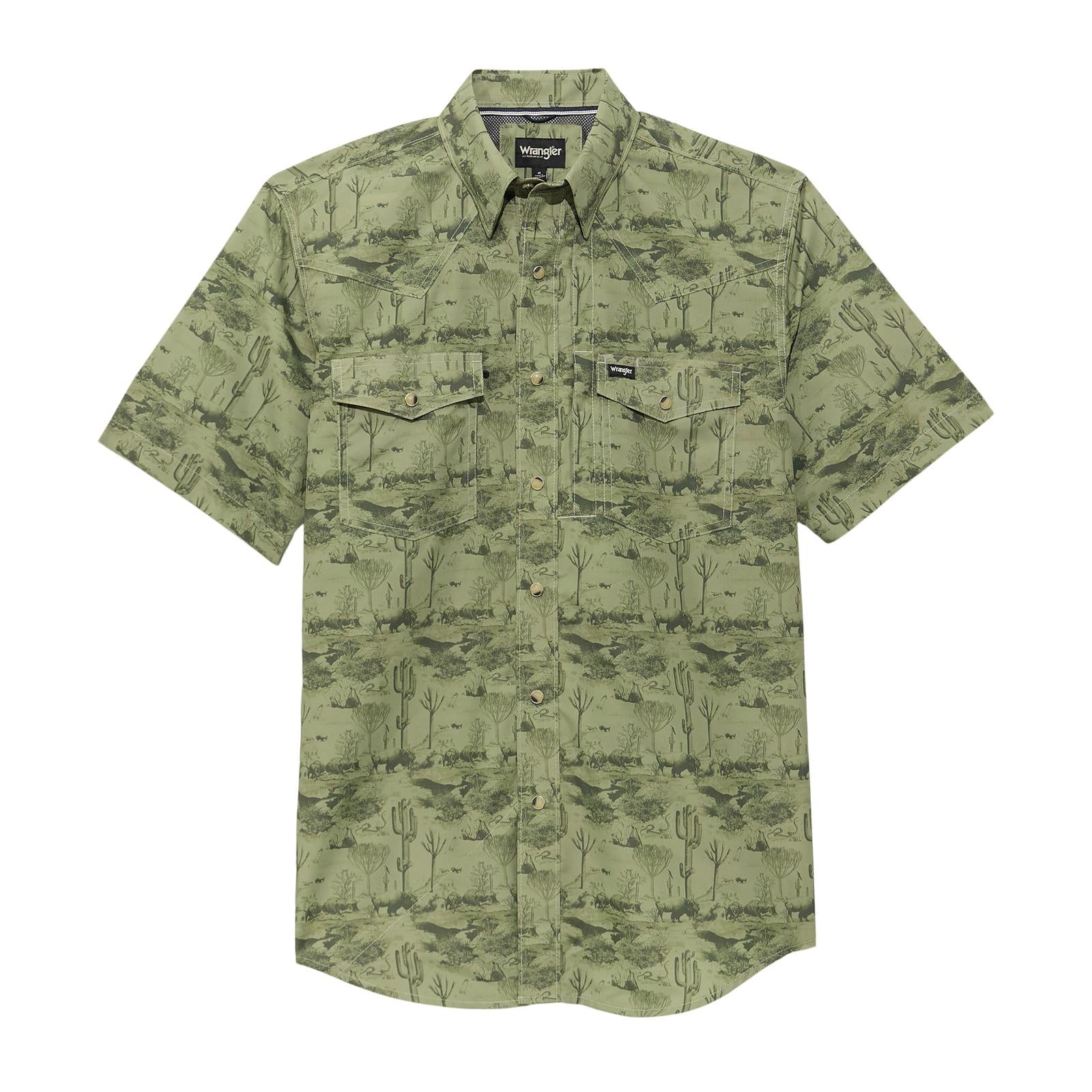 Green camouflage patterned shirt on a white background