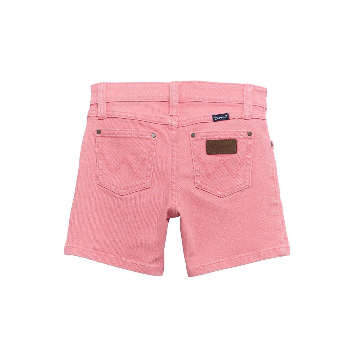 Back view of pink denim shorts with belt loops and back pockets on white background