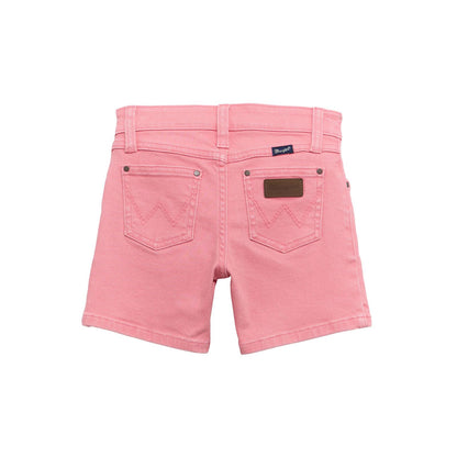 Back view of pink denim shorts with belt loops and back pockets on white background