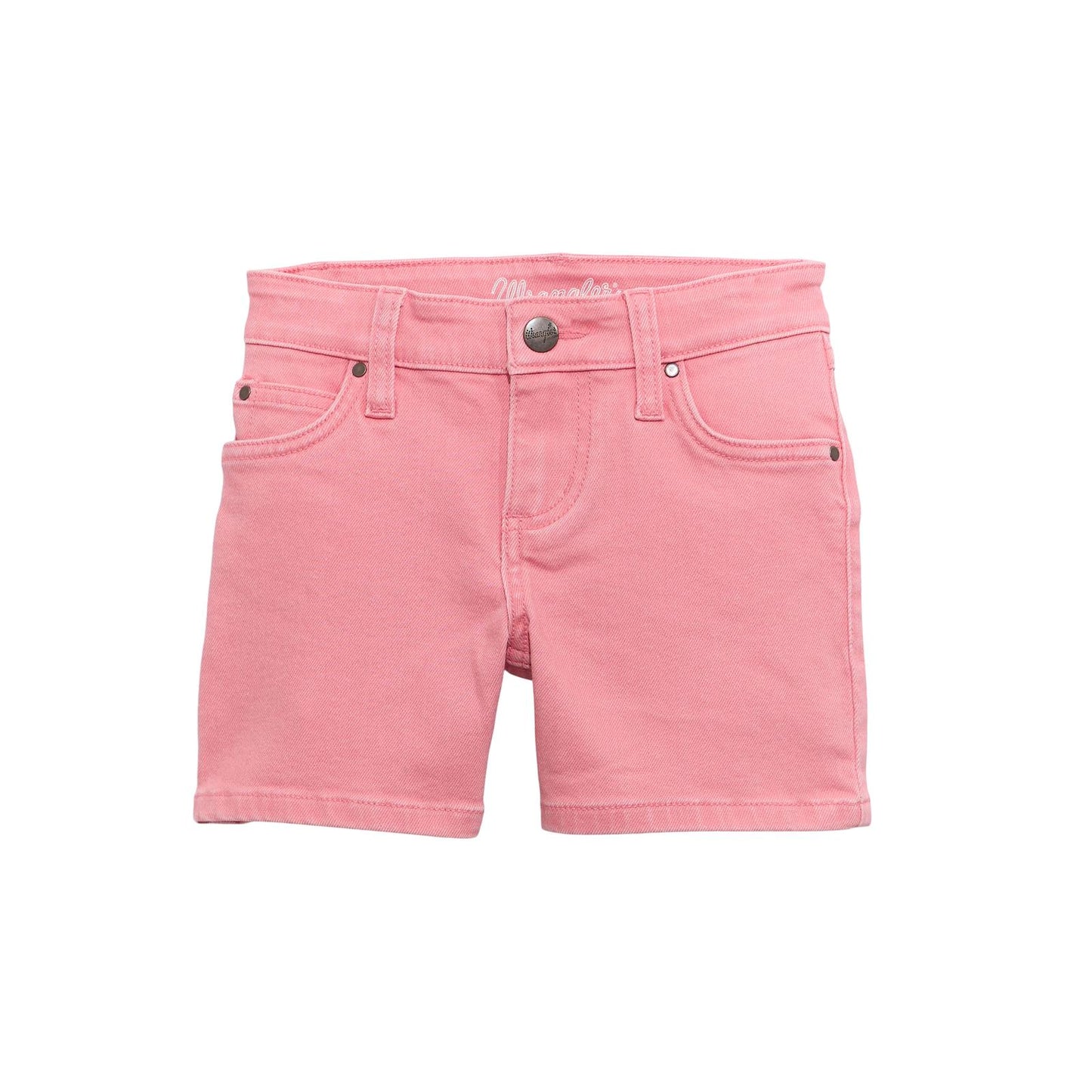 Pink denim shorts with five pockets and button closure, kids' summer clothing