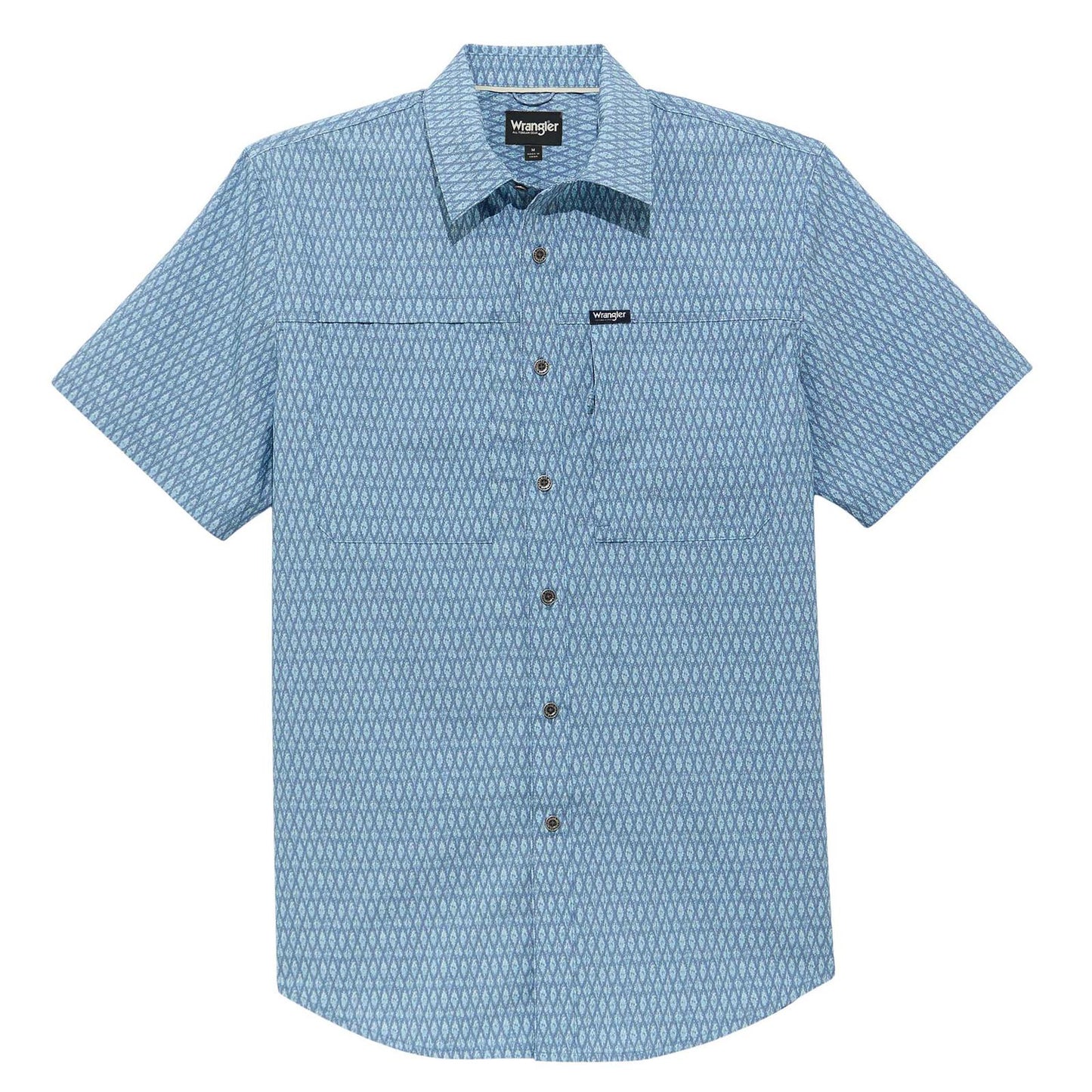 Blue patterned shirt with brand logo on a white background