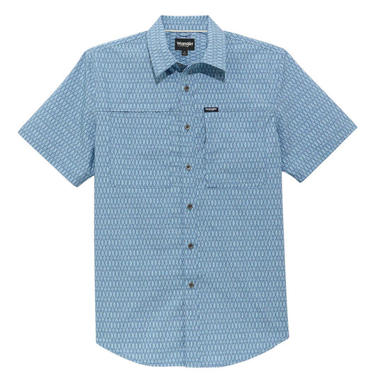 Blue patterned shirt with brand logo on a white background