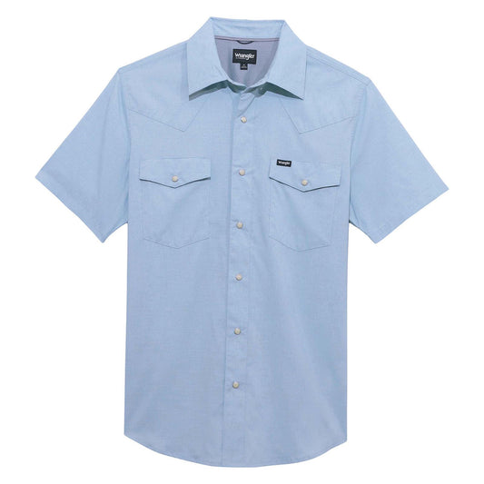 Light blue short-sleeve shirt with two pockets on a white background