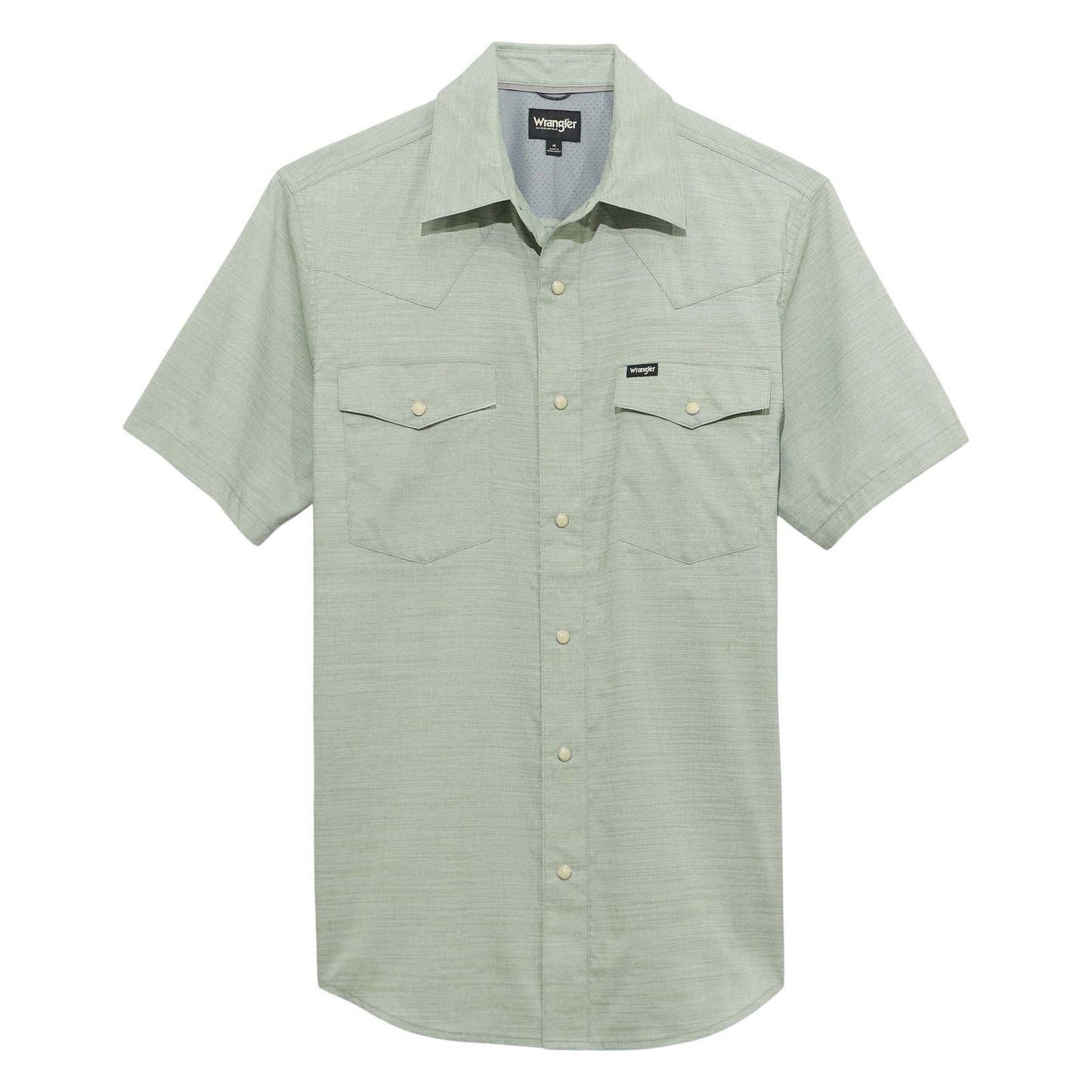 Green short-sleeve shirt with button details on a white background