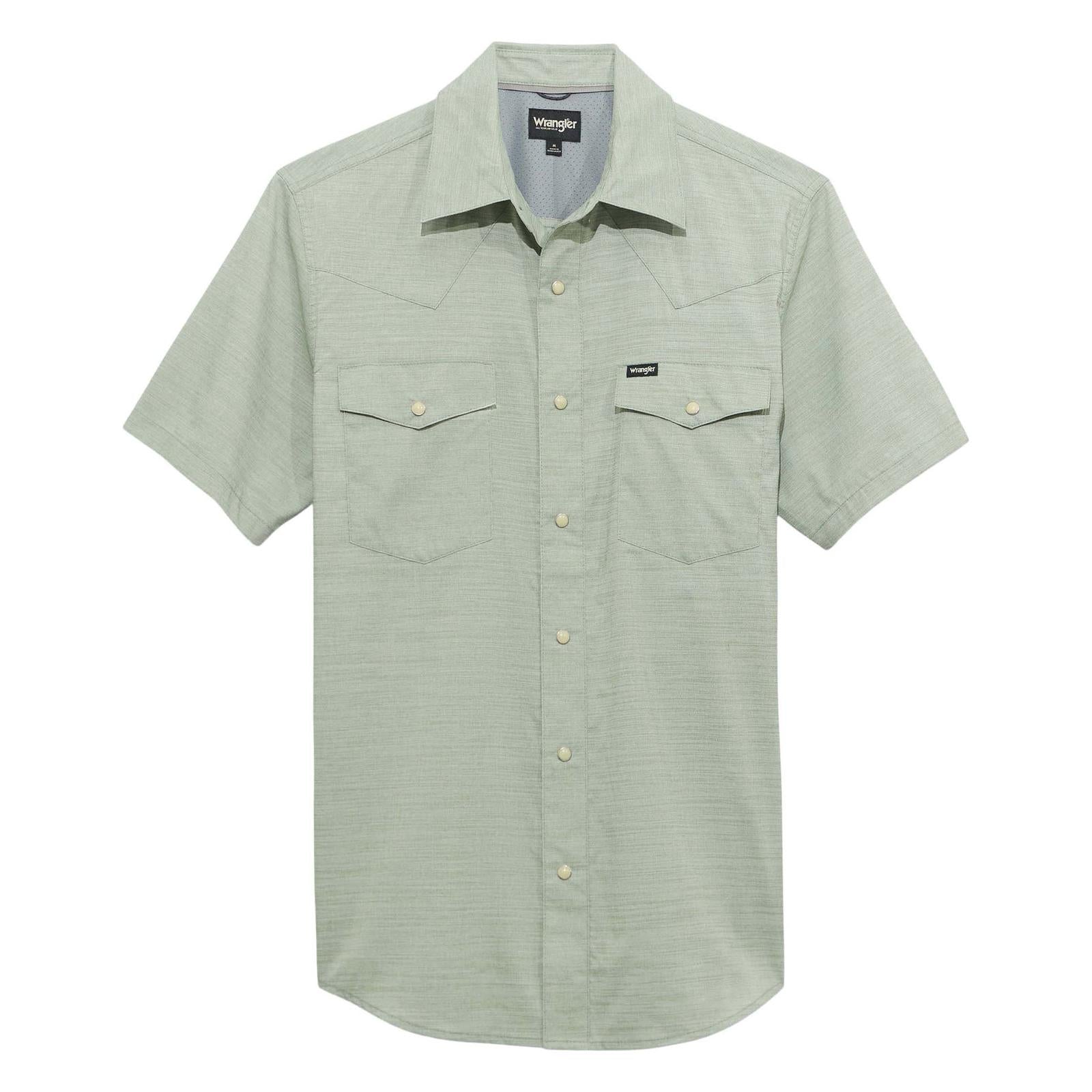 Green short-sleeve shirt with button details on a white background