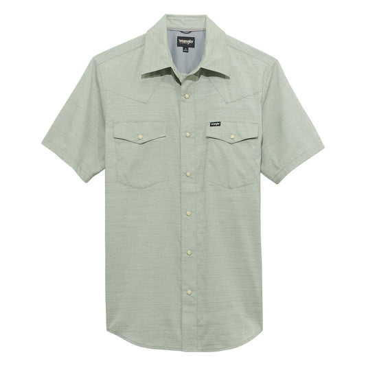 Green short-sleeve shirt with button details on a white background