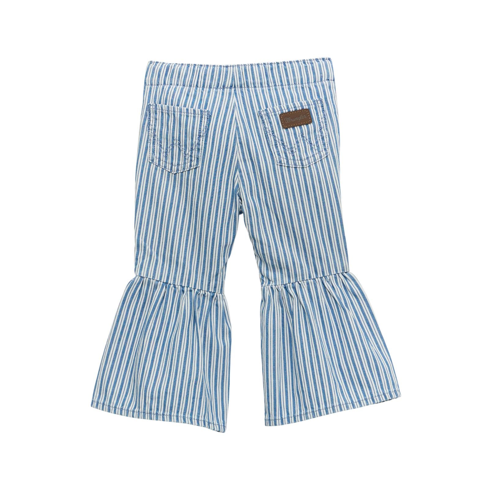 Back view of blue and white striped girls' bell bottom pants with ruffled flared legs
