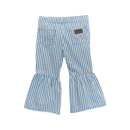 Back view of blue and white striped girls' bell bottom pants with ruffled flared legs