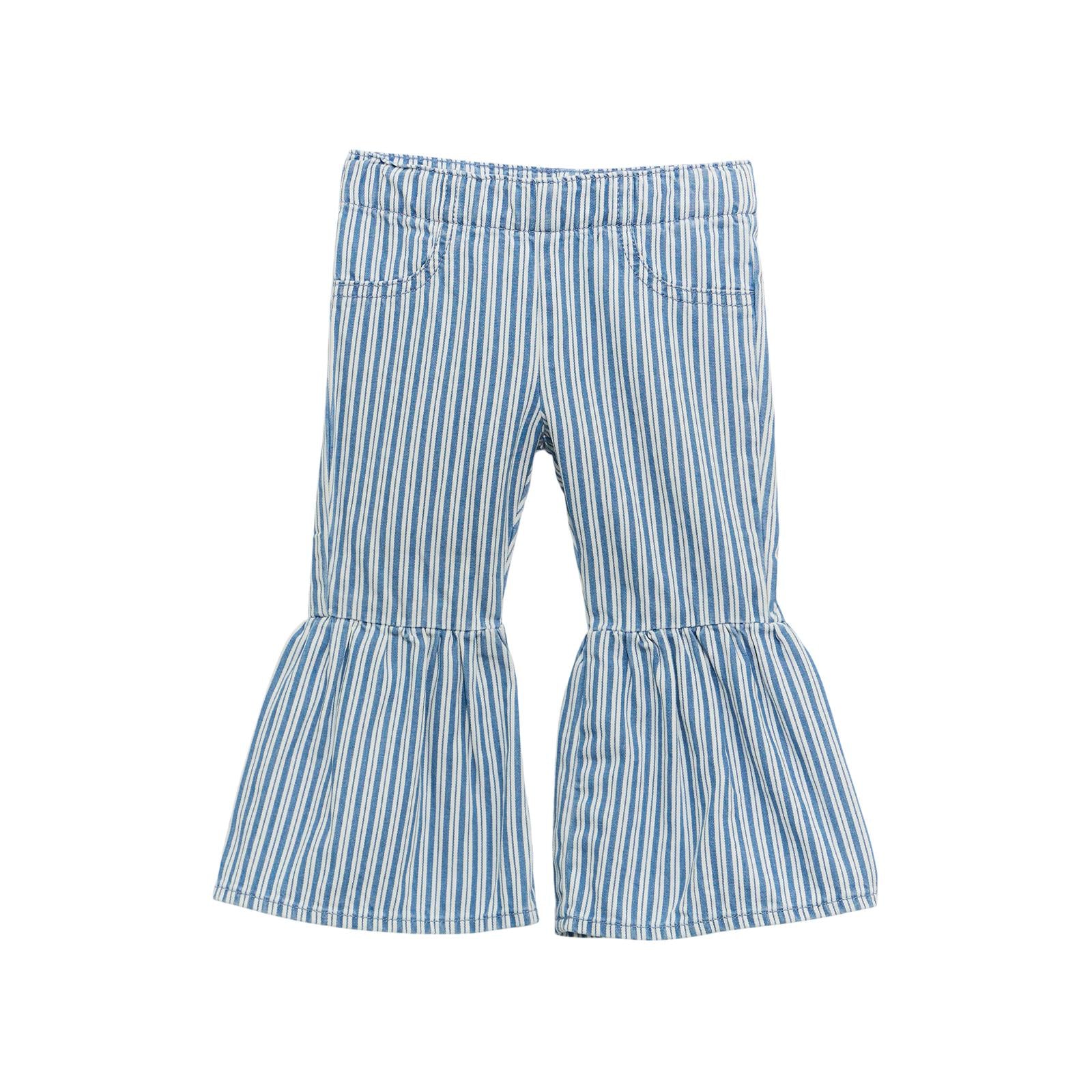 Blue and white striped girls' flared bell-bottom pants with elastic waistband