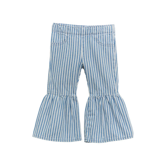 Blue and white striped girls' flared bell-bottom pants with elastic waistband
