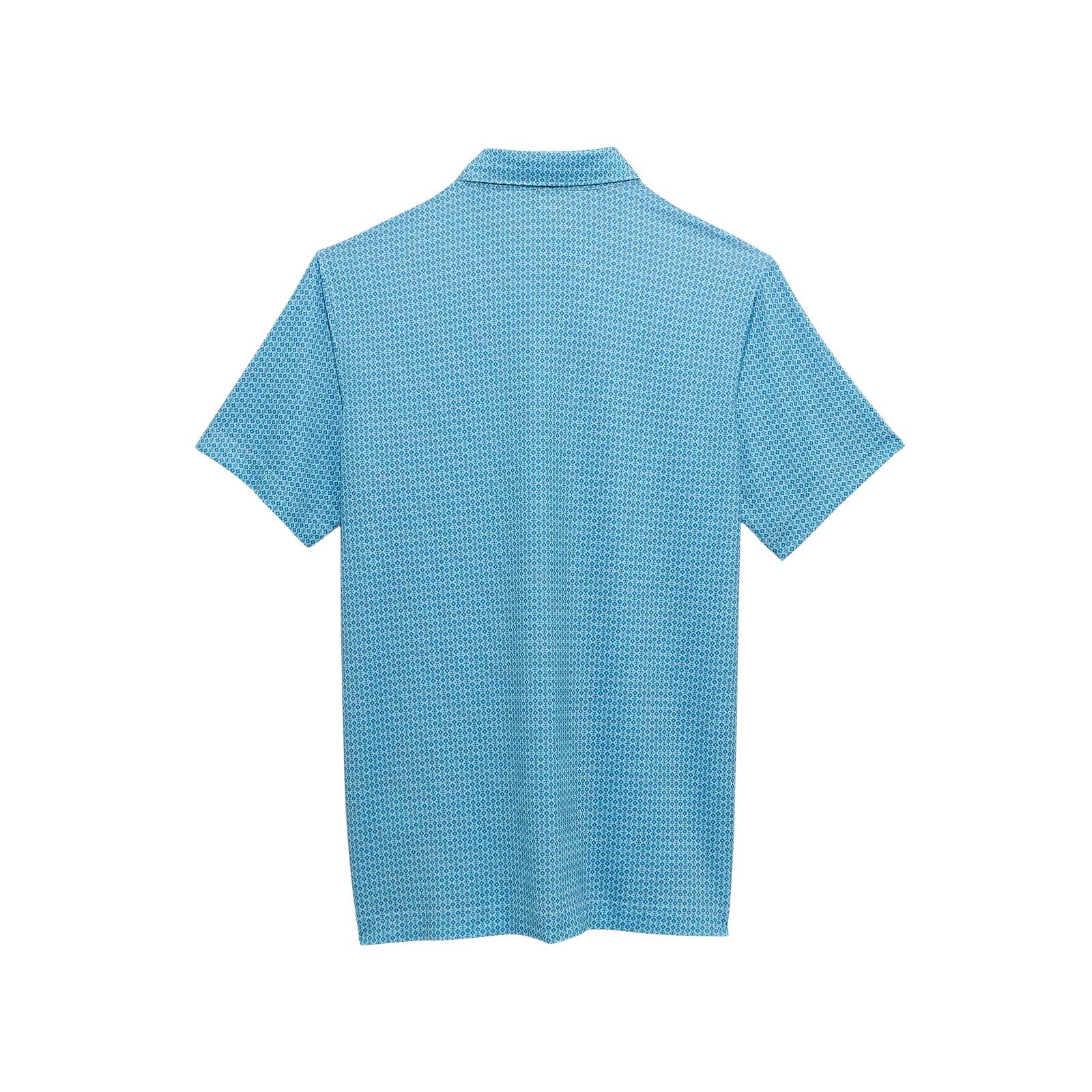Blue patterned polo shirt on a white background