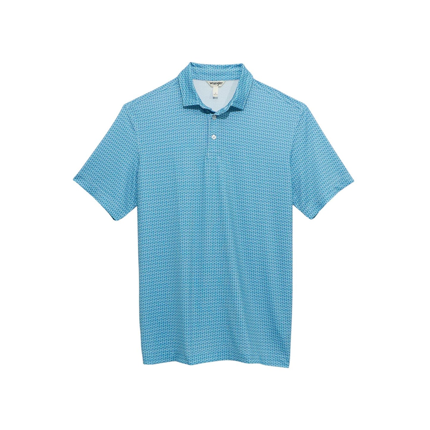 Blue patterned polo shirt on a white background