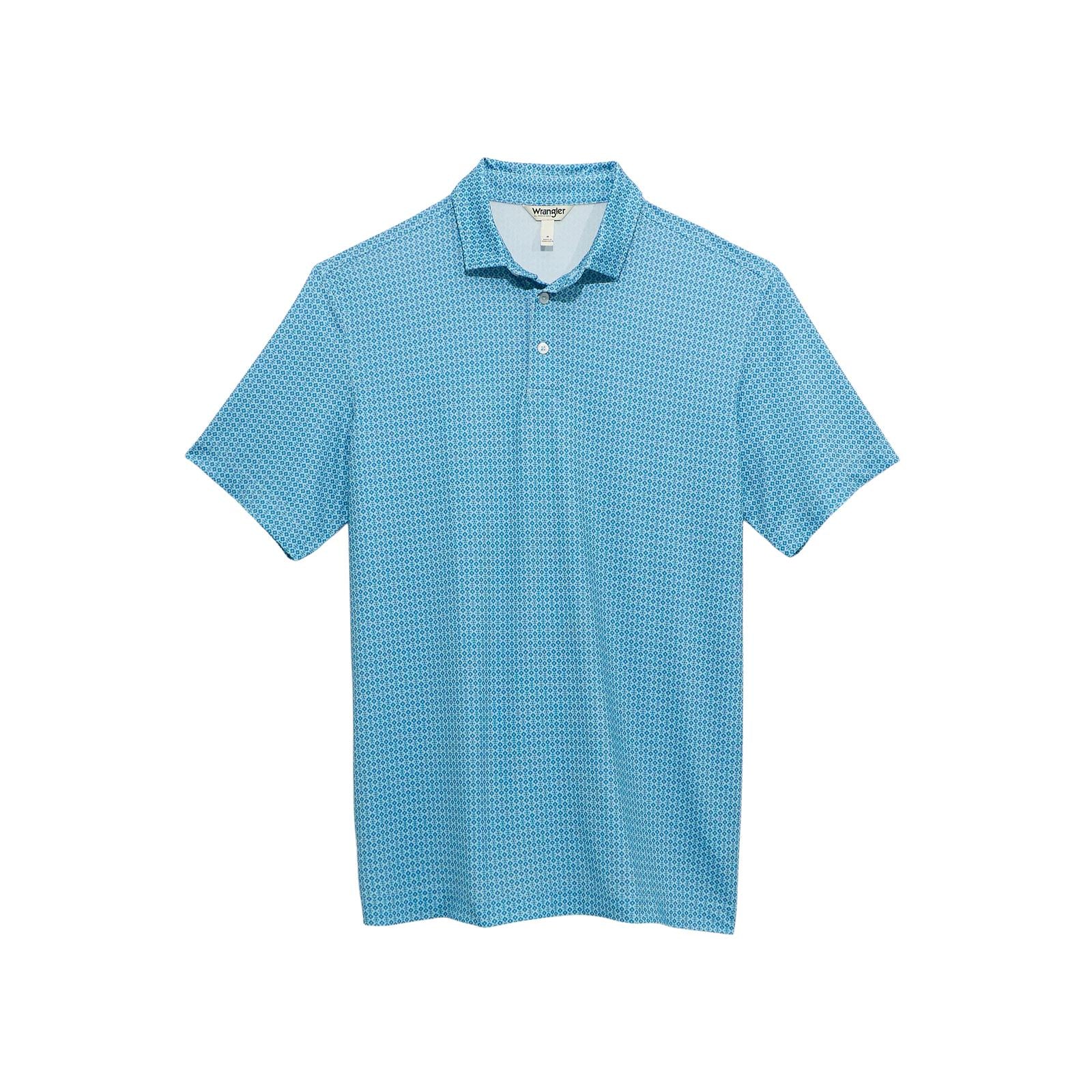 Blue patterned polo shirt on a white background